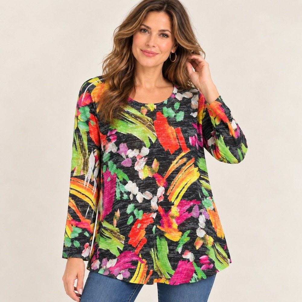 Jess & Jane Womens 1X Abstract Art to Wear Sheer Slub Knit Long Sleeve Top